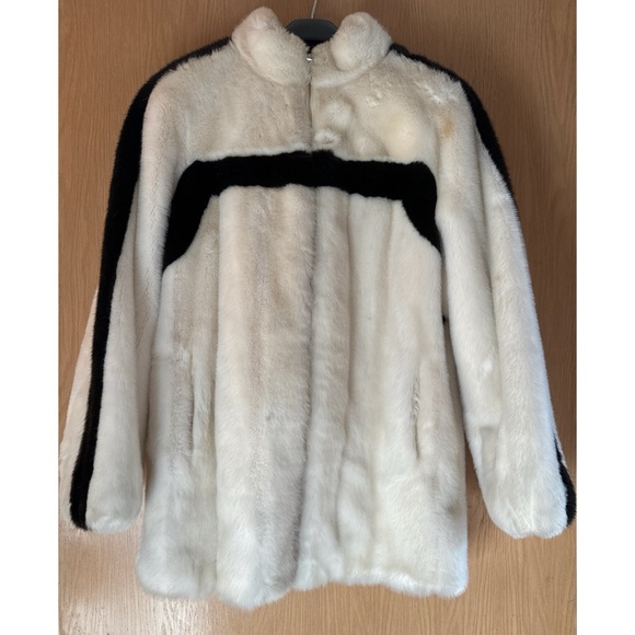 Grandella II Styled by Sportowne Jackets & Blazers - Vintage (1978) White Faux Fur Coat with Black Stripe Detail